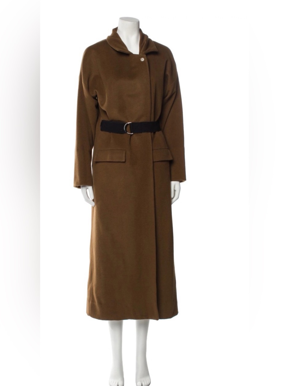Long Brown Wool-Blend Coat with Black Belt